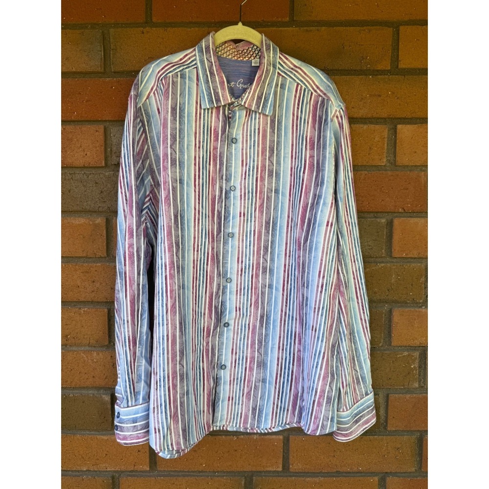 Robert Graham Party Shirt Striped Button Up Retro | Blue Purple | Mens 2XL